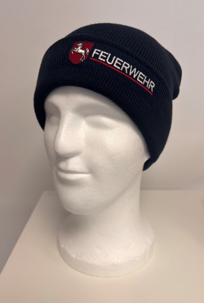 Strickmütze/Wintermütze dunkelblau mit Stick Niedersachsen-Emblem + "FEUERWEHR"
