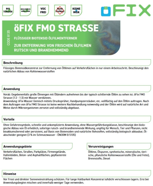 Preview: öFix FMO Strasse - Biotensid-Reinigungskonzentrat zur Ölspurentfernung von Verkehrsflächen 10L, 20L, 200L Fass, 600/1000L IBC